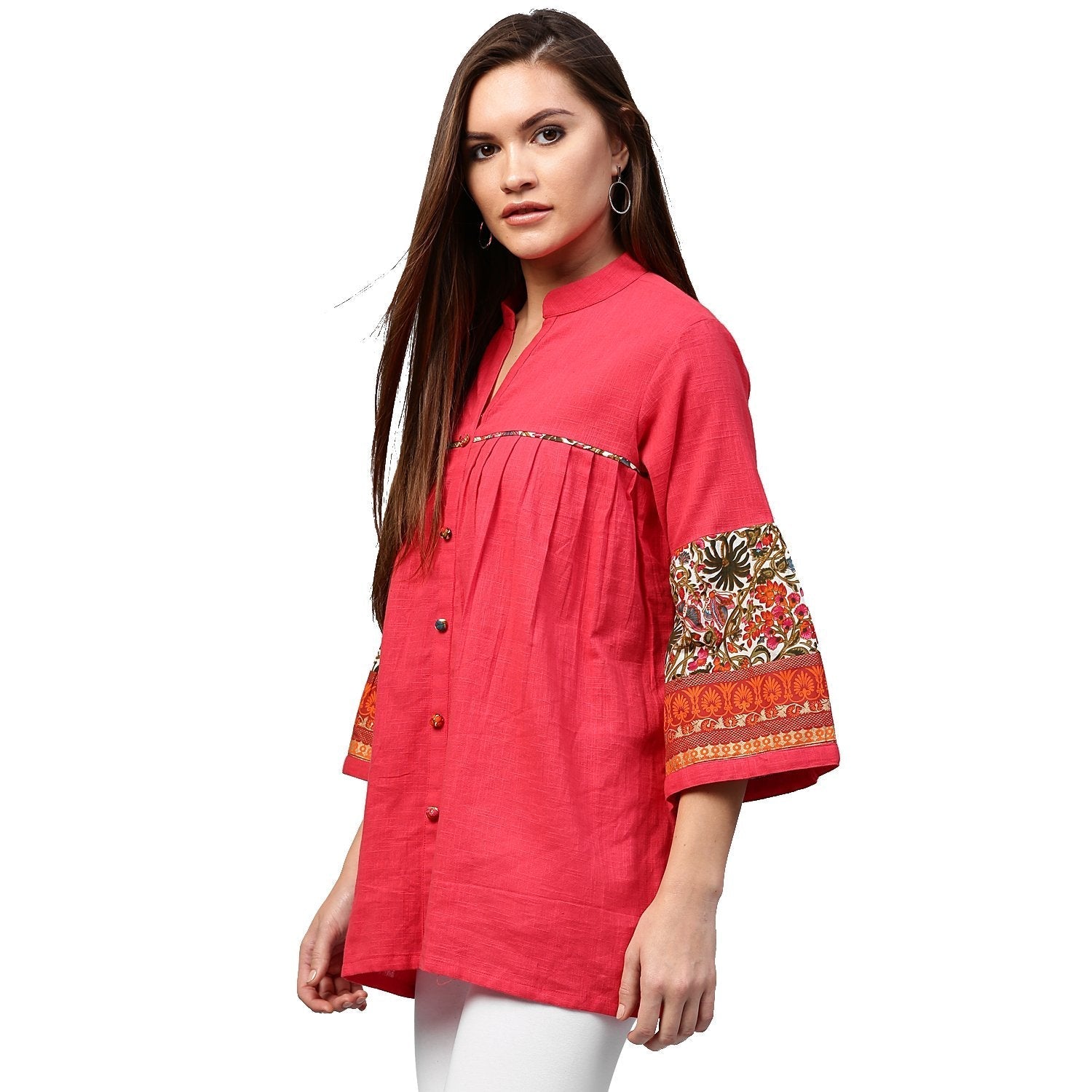 Peach 3/4Th Sleeve Cotton Tunics With Button Work | LASVINI - Redefining Indian Fashion with Elegance
