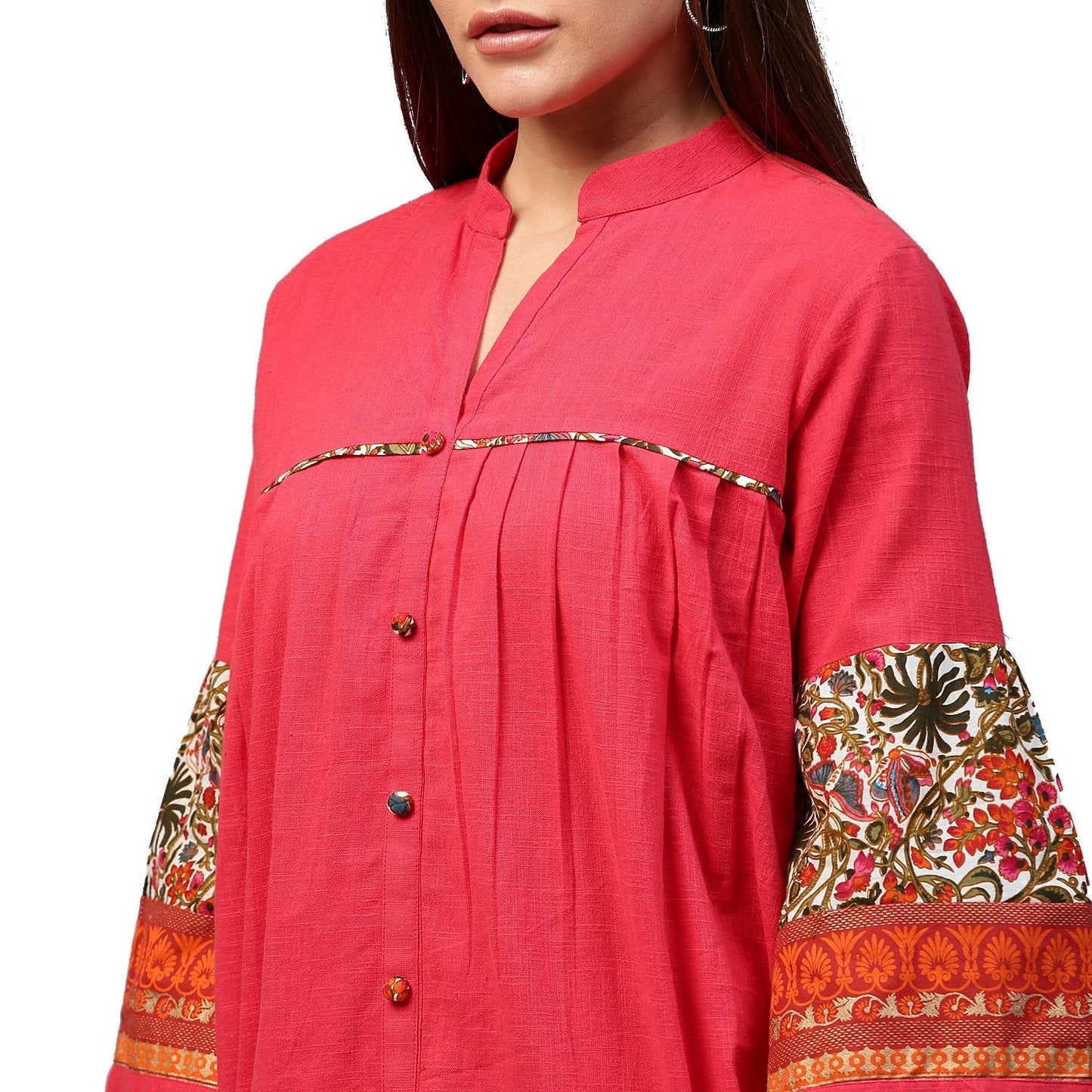 Peach 3/4Th Sleeve Cotton Tunics With Button Work | LASVINI - Redefining Indian Fashion with Elegance
