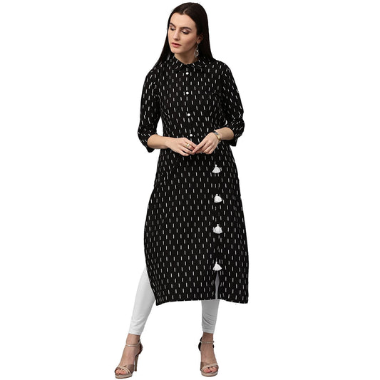 Black Printed 3/4Th Sleeve Cotton Kurta With Tussel Work | LASVINI - Redefining Indian Fashion with Elegance