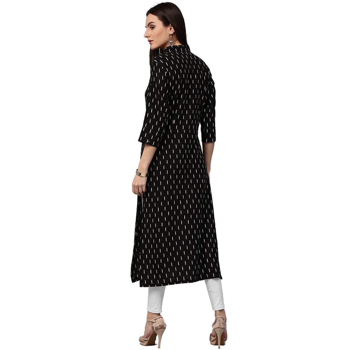Black Printed 3/4Th Sleeve Cotton Kurta With Tussel Work | LASVINI - Redefining Indian Fashion with Elegance