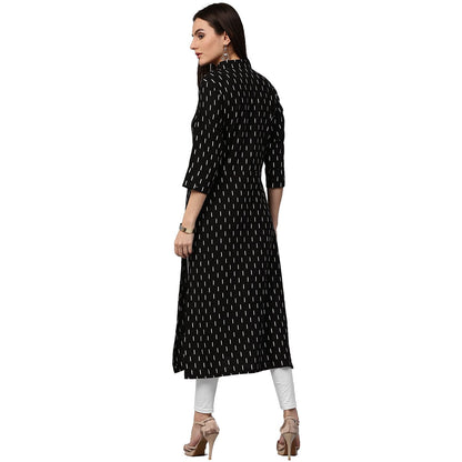 Black Printed 3/4Th Sleeve Cotton Kurta With Tussel Work | LASVINI - Redefining Indian Fashion with Elegance