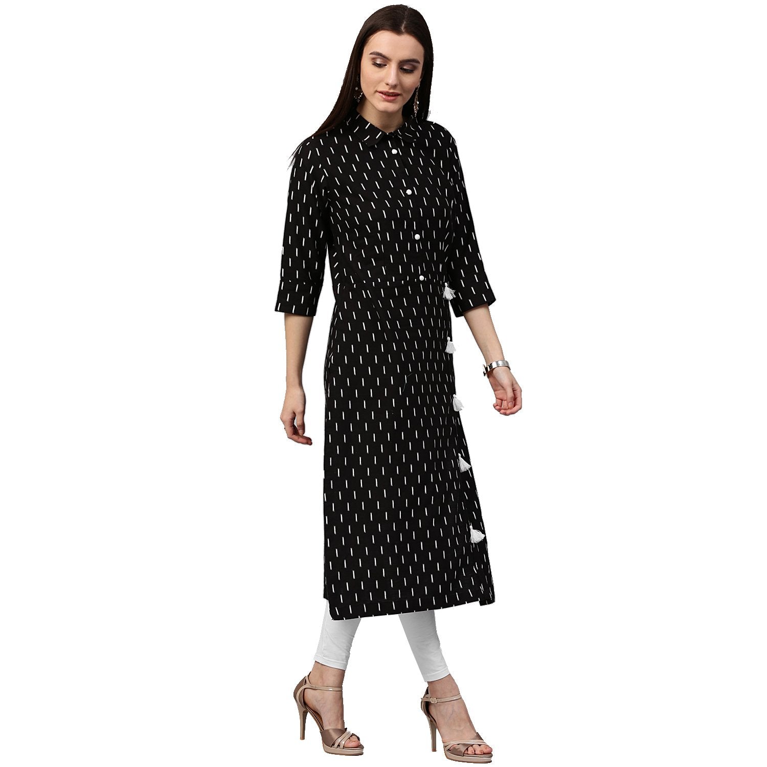 Black Printed 3/4Th Sleeve Cotton Kurta With Tussel Work | LASVINI - Redefining Indian Fashion with Elegance
