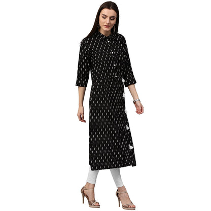 Black Printed 3/4Th Sleeve Cotton Kurta With Tussel Work | LASVINI - Redefining Indian Fashion with Elegance