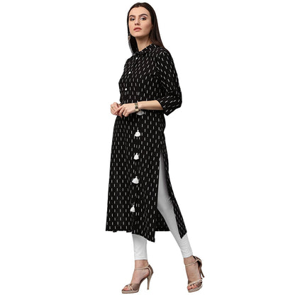 Black Printed 3/4Th Sleeve Cotton Kurta With Tussel Work | LASVINI - Redefining Indian Fashion with Elegance