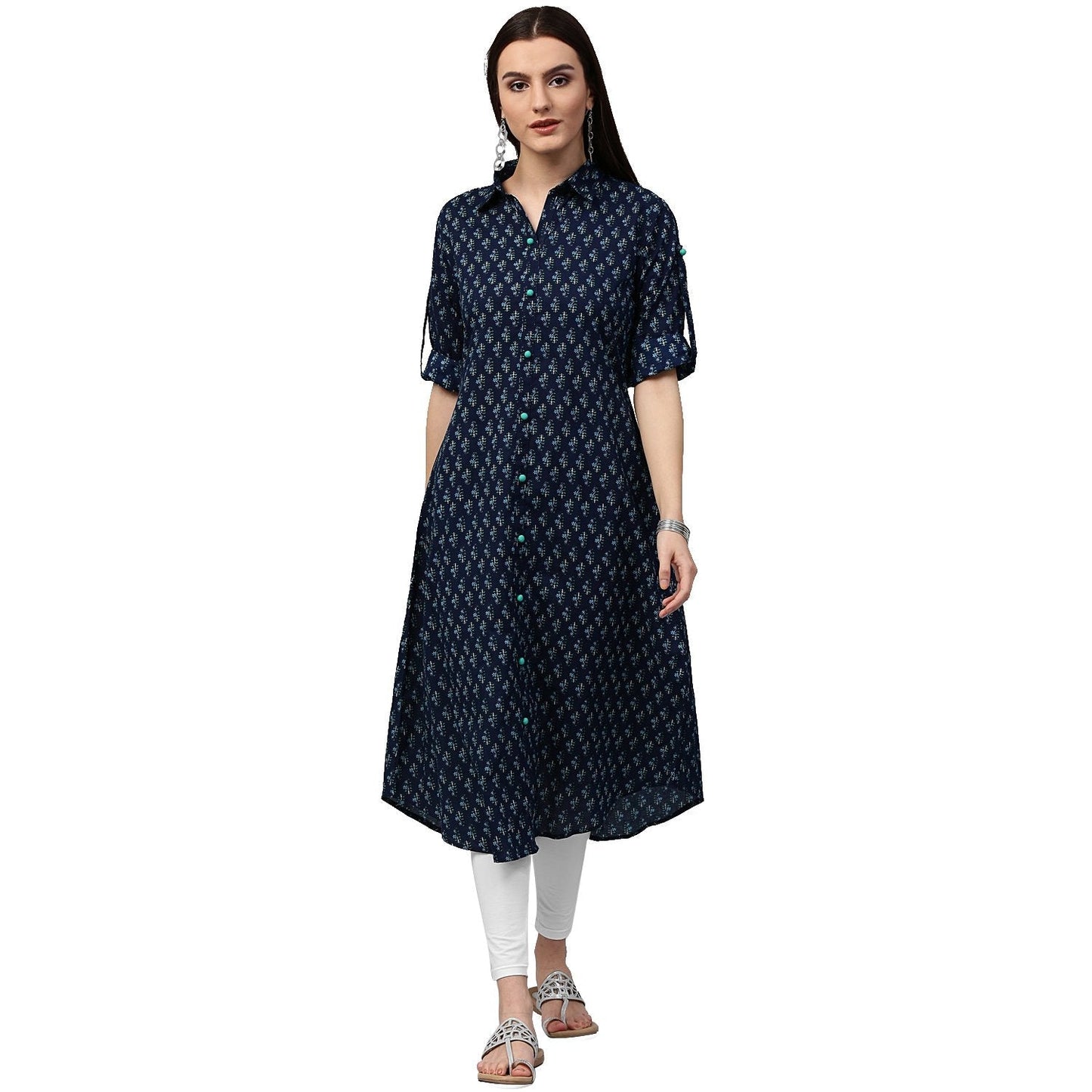 Blue Printed 3/4Th Sleeve Cotton A-Line Kurta | LASVINI - Redefining Indian Fashion with Elegance