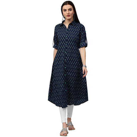 Blue Printed 3/4Th Sleeve Cotton A-Line Kurta | LASVINI - Redefining Indian Fashion with Elegance