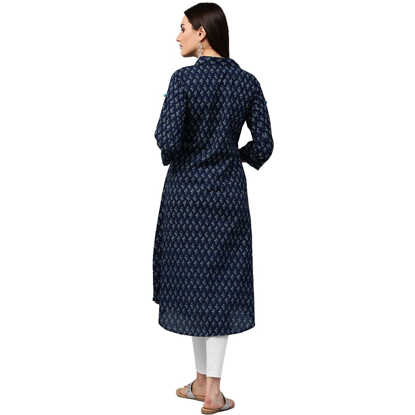 Blue Printed 3/4Th Sleeve Cotton A-Line Kurta | LASVINI - Redefining Indian Fashion with Elegance