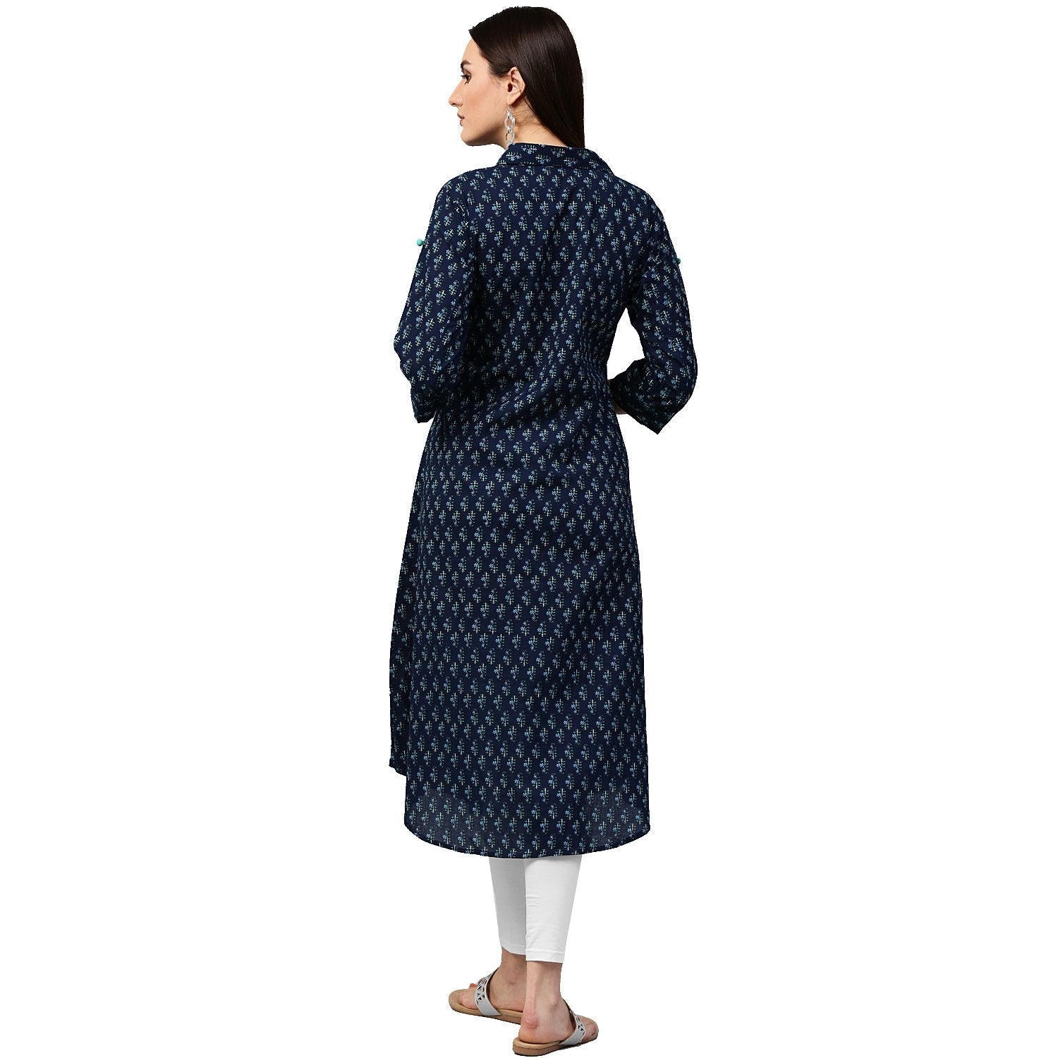 Blue Printed 3/4Th Sleeve Cotton A-Line Kurta | LASVINI - Redefining Indian Fashion with Elegance