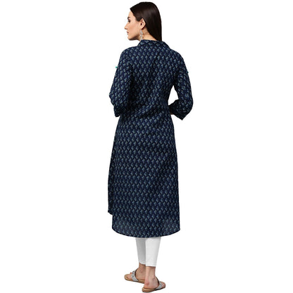 Blue Printed 3/4Th Sleeve Cotton A-Line Kurta | LASVINI - Redefining Indian Fashion with Elegance