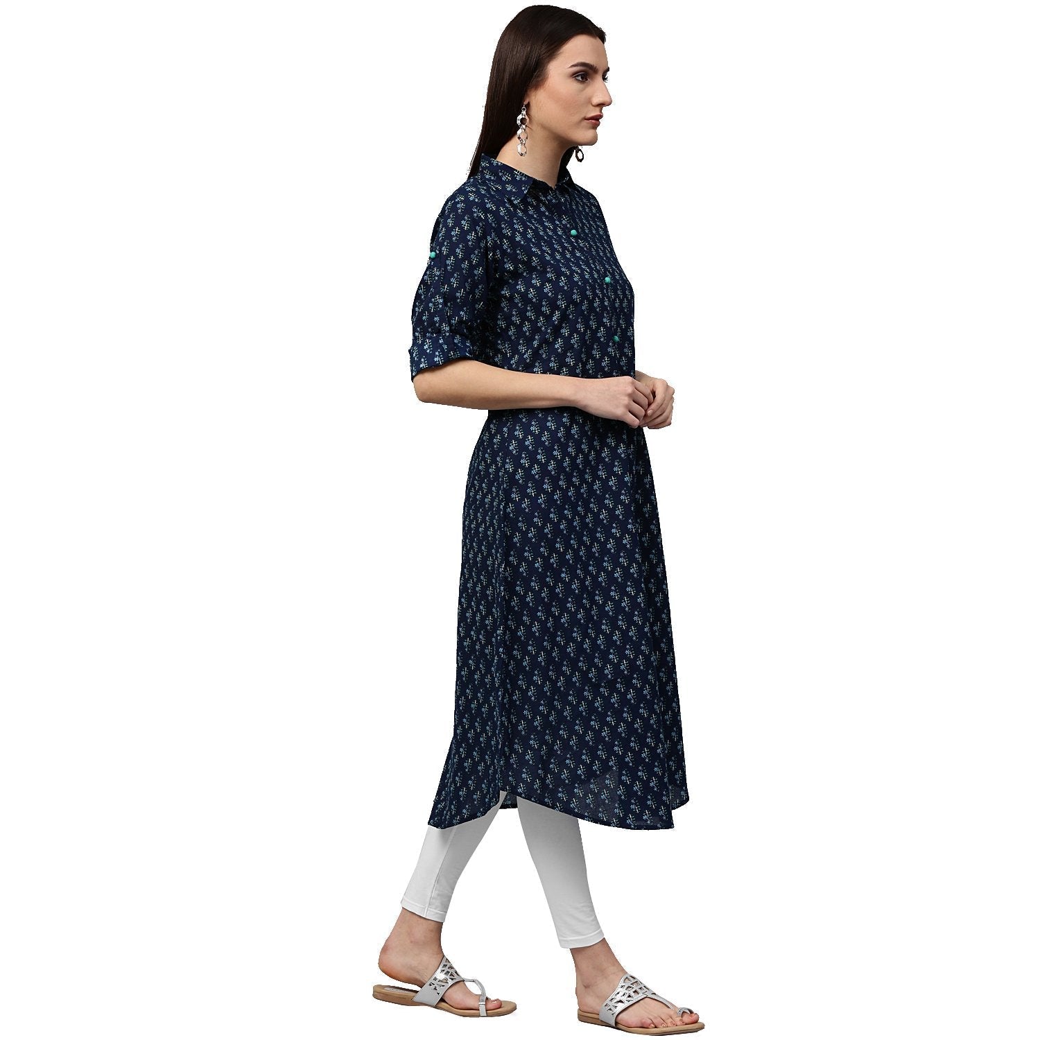 Blue Printed 3/4Th Sleeve Cotton A-Line Kurta | LASVINI - Redefining Indian Fashion with Elegance