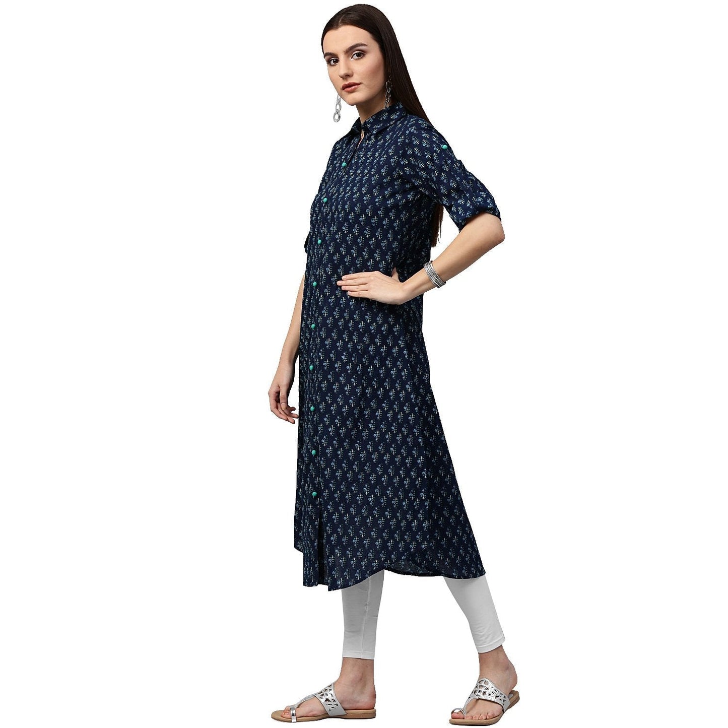 Blue Printed 3/4Th Sleeve Cotton A-Line Kurta | LASVINI - Redefining Indian Fashion with Elegance