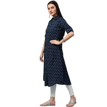 Blue Printed 3/4Th Sleeve Cotton A-Line Kurta | LASVINI - Redefining Indian Fashion with Elegance