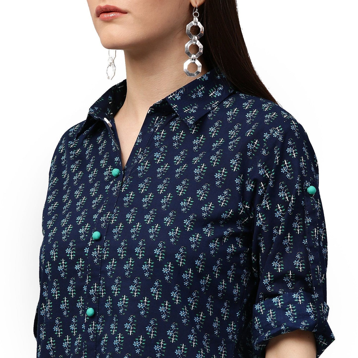 Blue Printed 3/4Th Sleeve Cotton A-Line Kurta | LASVINI - Redefining Indian Fashion with Elegance
