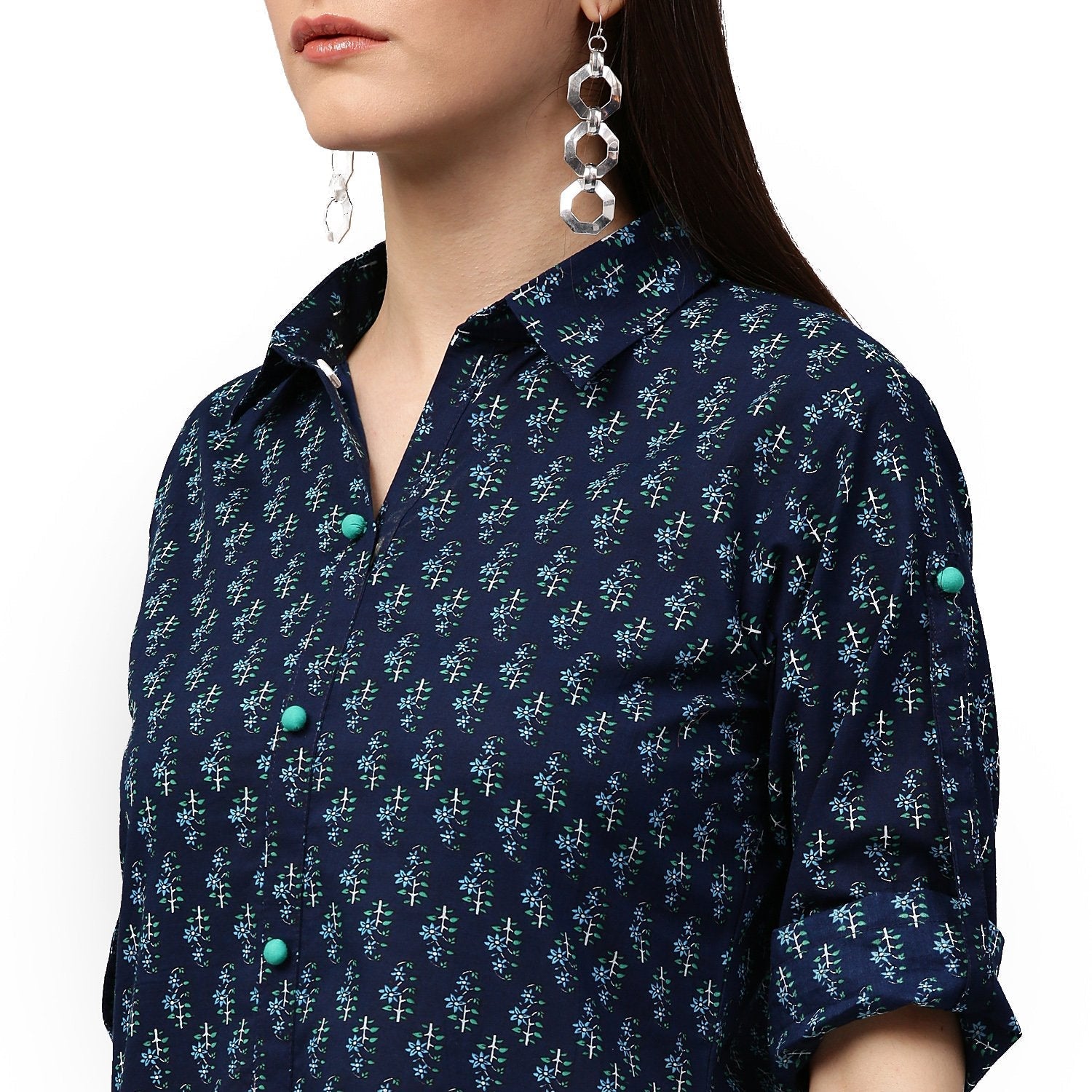 Blue Printed 3/4Th Sleeve Cotton A-Line Kurta | LASVINI - Redefining Indian Fashion with Elegance