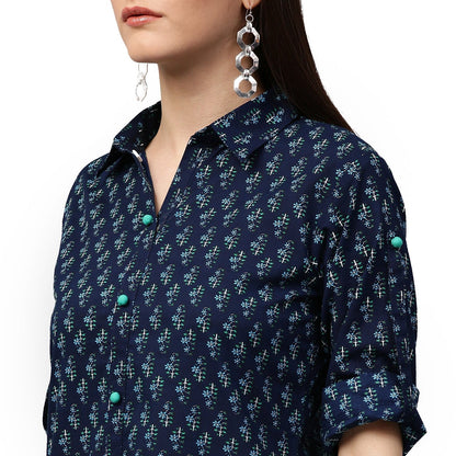 Blue Printed 3/4Th Sleeve Cotton A-Line Kurta | LASVINI - Redefining Indian Fashion with Elegance