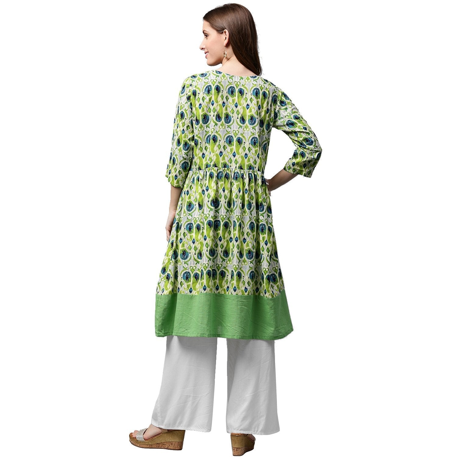 Green Printed 3/4Th Sleeve Anarkali Kurta With Dori Work At Yoke | LASVINI - Redefining Indian Fashion with Elegance