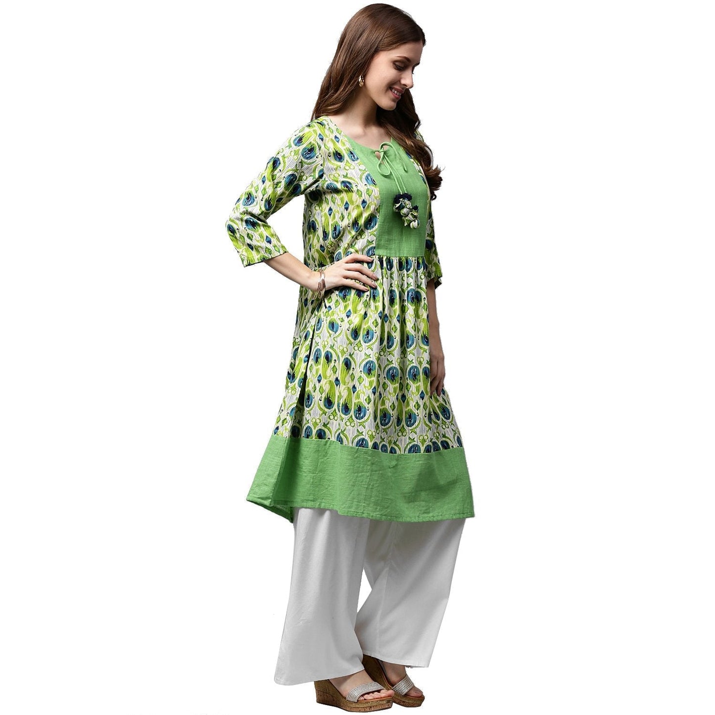 Green Printed 3/4Th Sleeve Anarkali Kurta With Dori Work At Yoke | LASVINI - Redefining Indian Fashion with Elegance