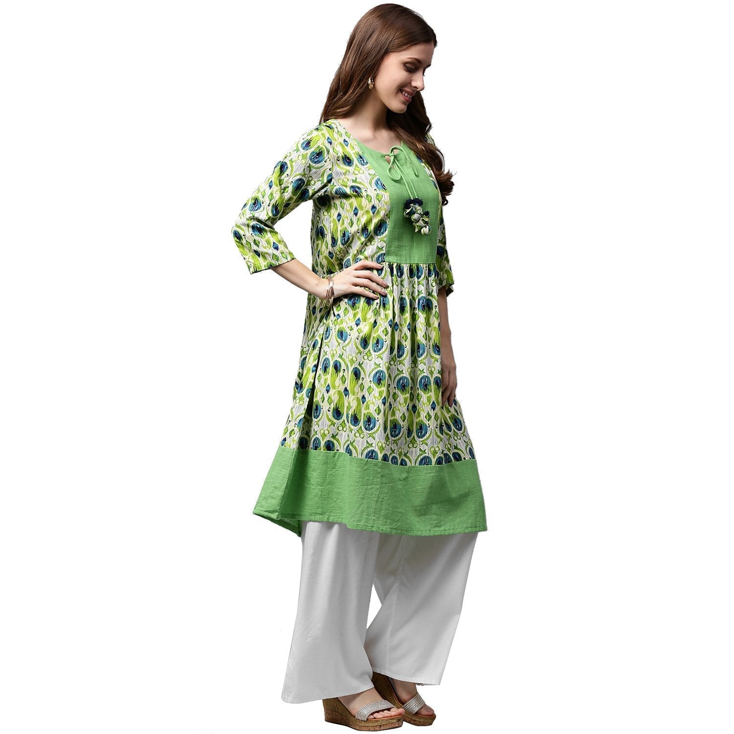 Green Printed 3/4Th Sleeve Anarkali Kurta With Dori Work At Yoke | LASVINI - Redefining Indian Fashion with Elegance