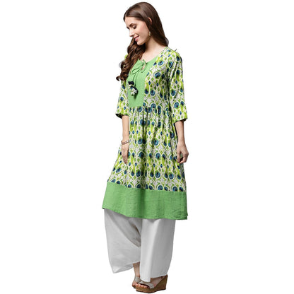 Green Printed 3/4Th Sleeve Anarkali Kurta With Dori Work At Yoke | LASVINI - Redefining Indian Fashion with Elegance