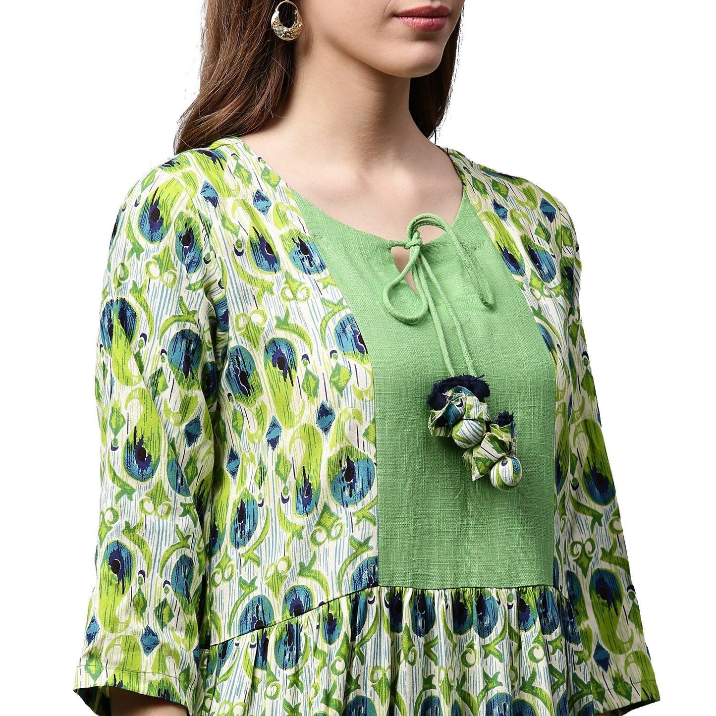Green Printed 3/4Th Sleeve Anarkali Kurta With Dori Work At Yoke | LASVINI - Redefining Indian Fashion with Elegance