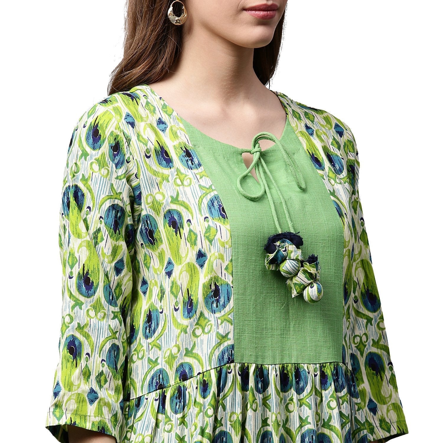 Green Printed 3/4Th Sleeve Anarkali Kurta With Dori Work At Yoke | LASVINI - Redefining Indian Fashion with Elegance