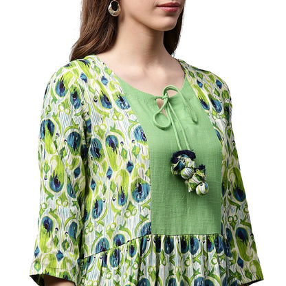 Green Printed 3/4Th Sleeve Anarkali Kurta With Dori Work At Yoke | LASVINI - Redefining Indian Fashion with Elegance