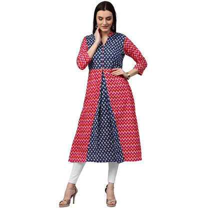 Red & Blue Printed 3/4Th Sleeve Cotton A-Line Kurta | LASVINI - Redefining Indian Fashion with Elegance