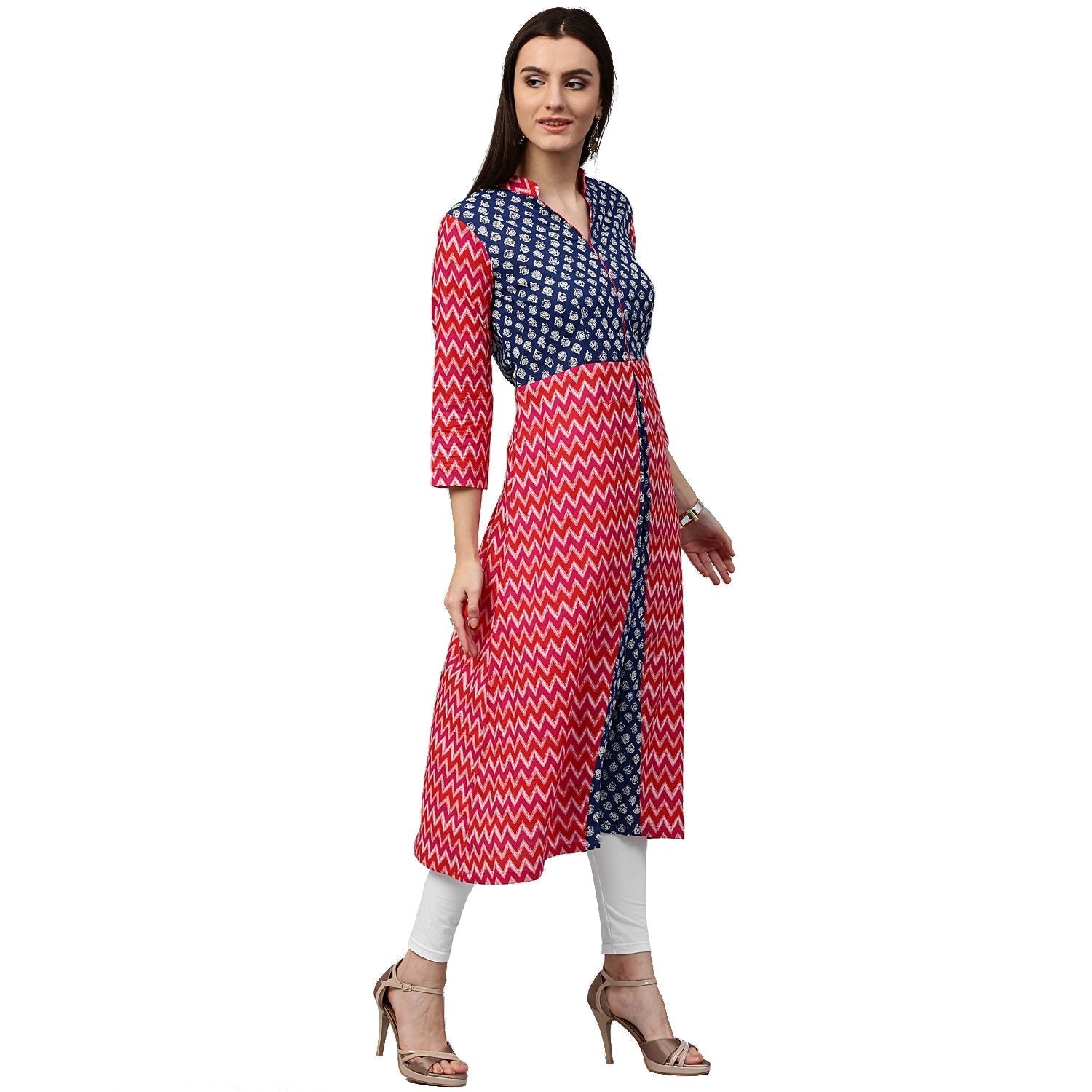Red & Blue Printed 3/4Th Sleeve Cotton A-Line Kurta | LASVINI - Redefining Indian Fashion with Elegance