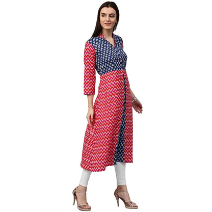 Red & Blue Printed 3/4Th Sleeve Cotton A-Line Kurta | LASVINI - Redefining Indian Fashion with Elegance