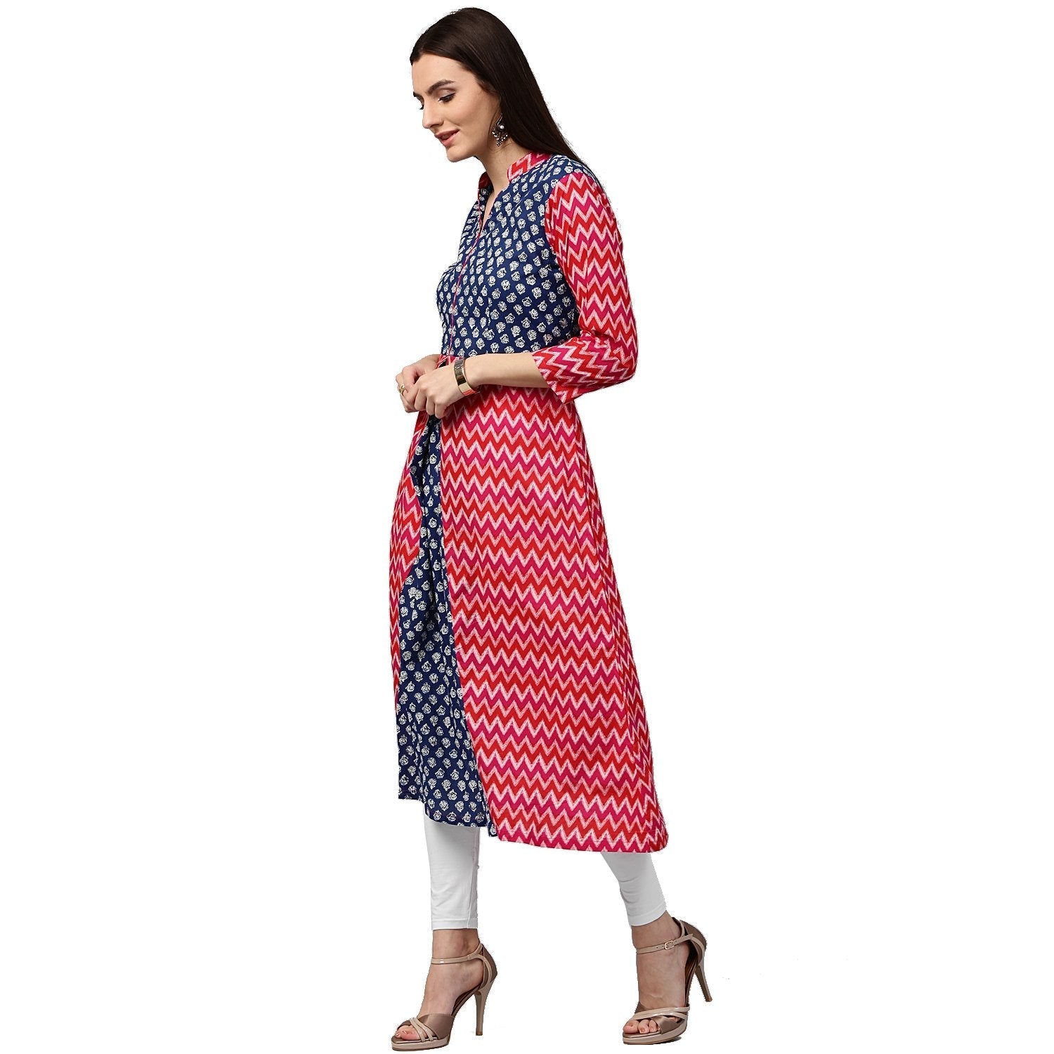 Red & Blue Printed 3/4Th Sleeve Cotton A-Line Kurta | LASVINI - Redefining Indian Fashion with Elegance