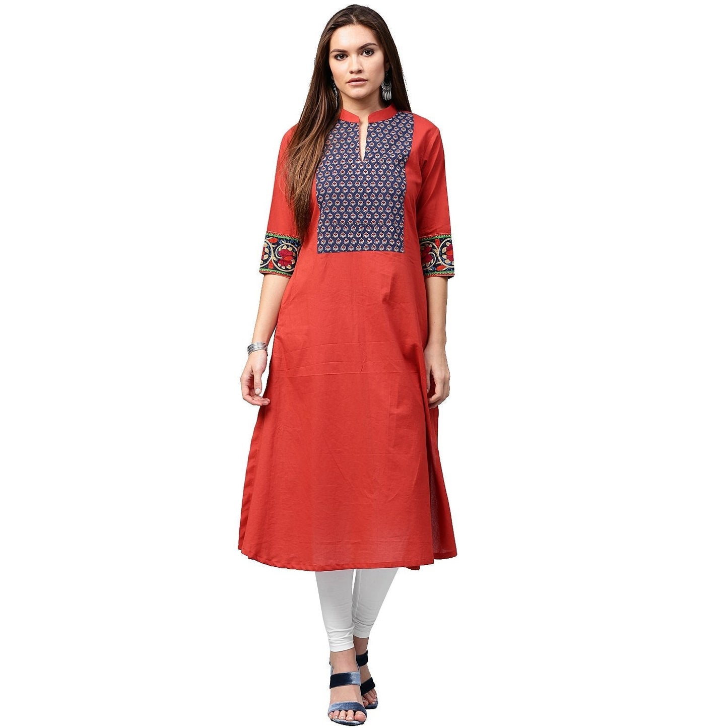 Red 3/4Th Sleeve Cotton A-Line Kurta With Printed Yoke | LASVINI - Redefining Indian Fashion with Elegance