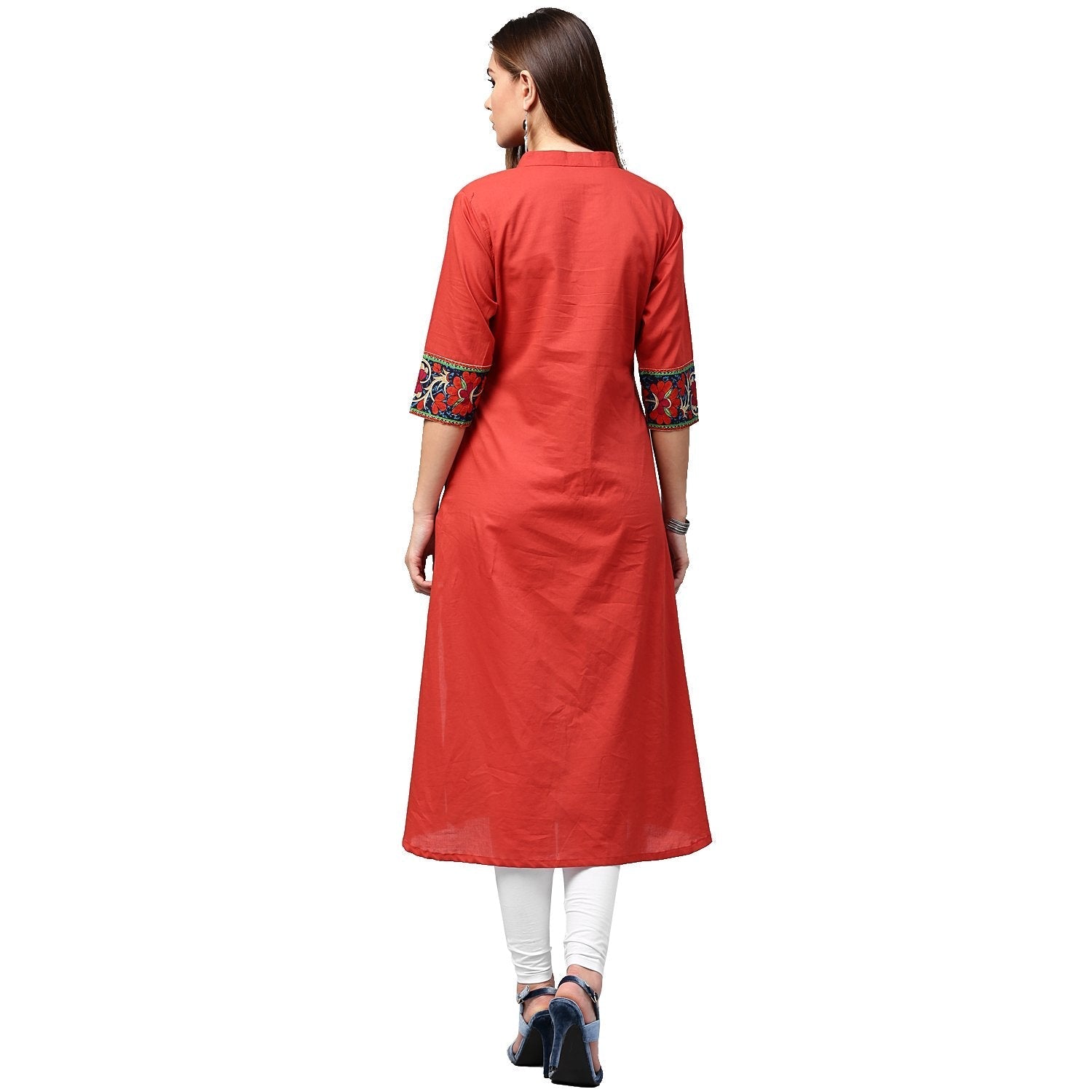 Red 3/4Th Sleeve Cotton A-Line Kurta With Printed Yoke | LASVINI - Redefining Indian Fashion with Elegance