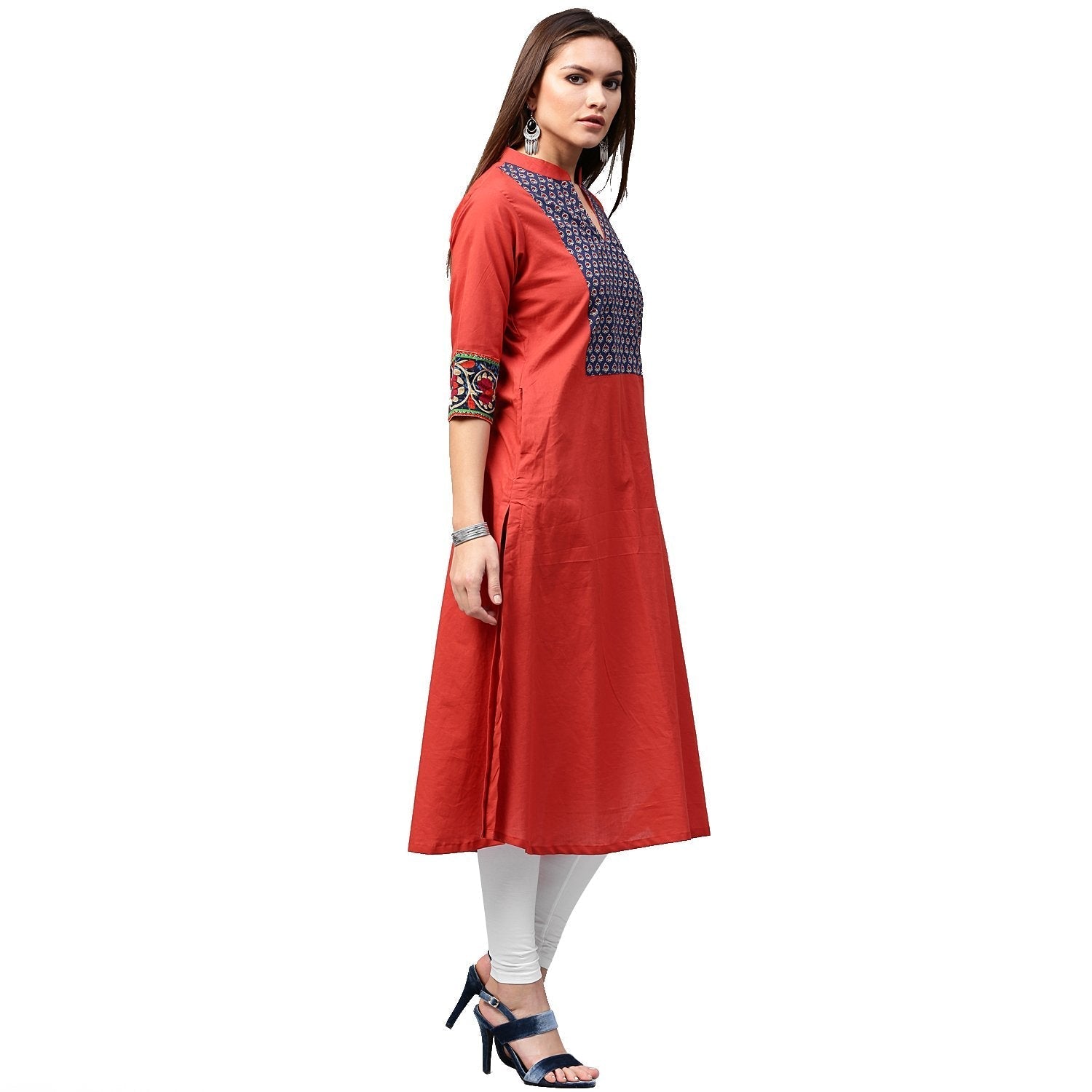 Red 3/4Th Sleeve Cotton A-Line Kurta With Printed Yoke | LASVINI - Redefining Indian Fashion with Elegance