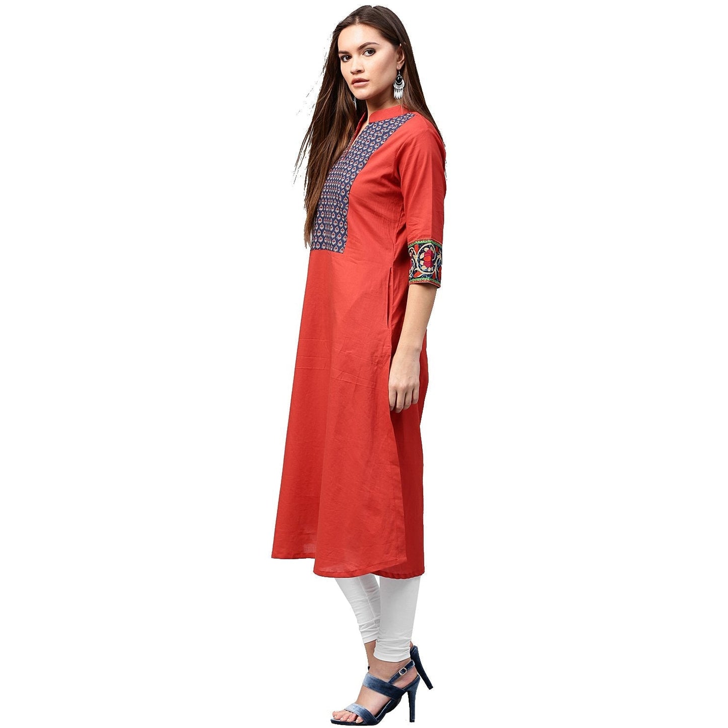 Red 3/4Th Sleeve Cotton A-Line Kurta With Printed Yoke | LASVINI - Redefining Indian Fashion with Elegance
