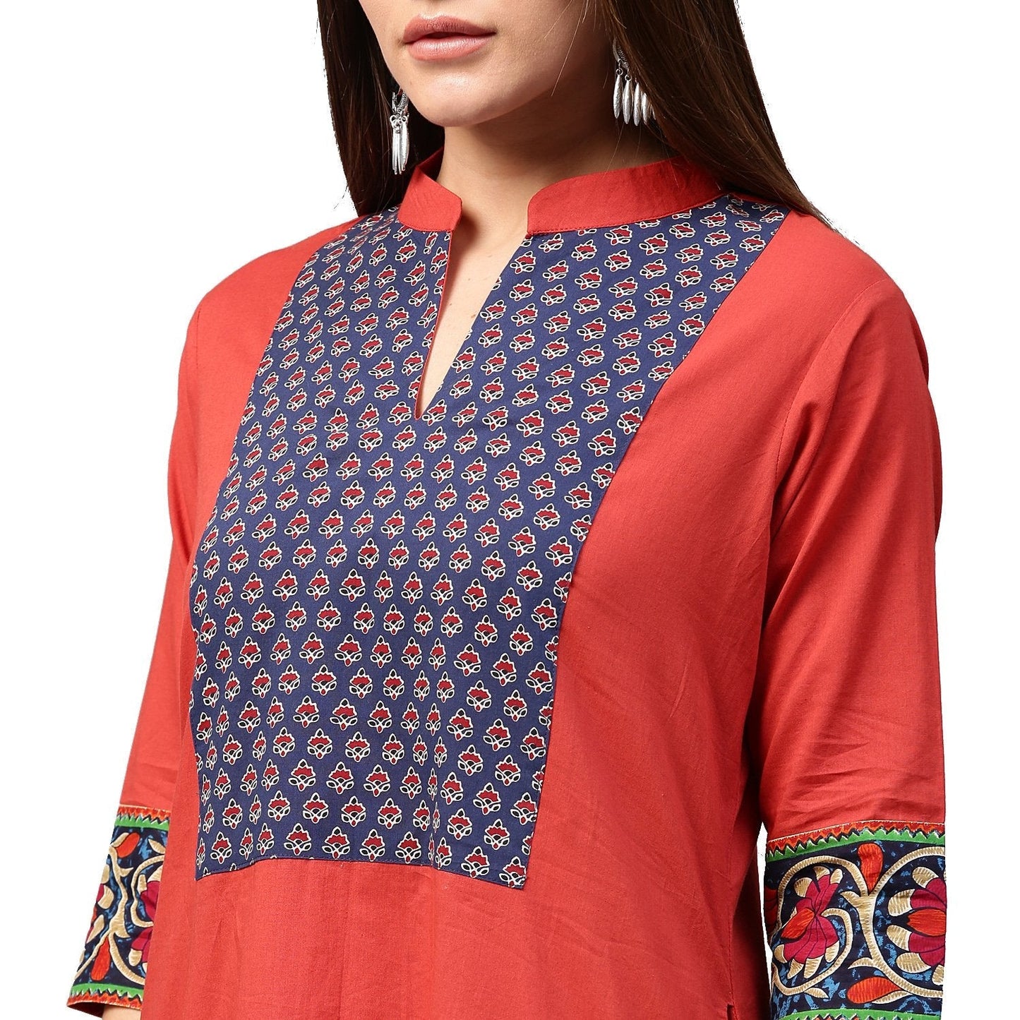 Red 3/4Th Sleeve Cotton A-Line Kurta With Printed Yoke | LASVINI - Redefining Indian Fashion with Elegance