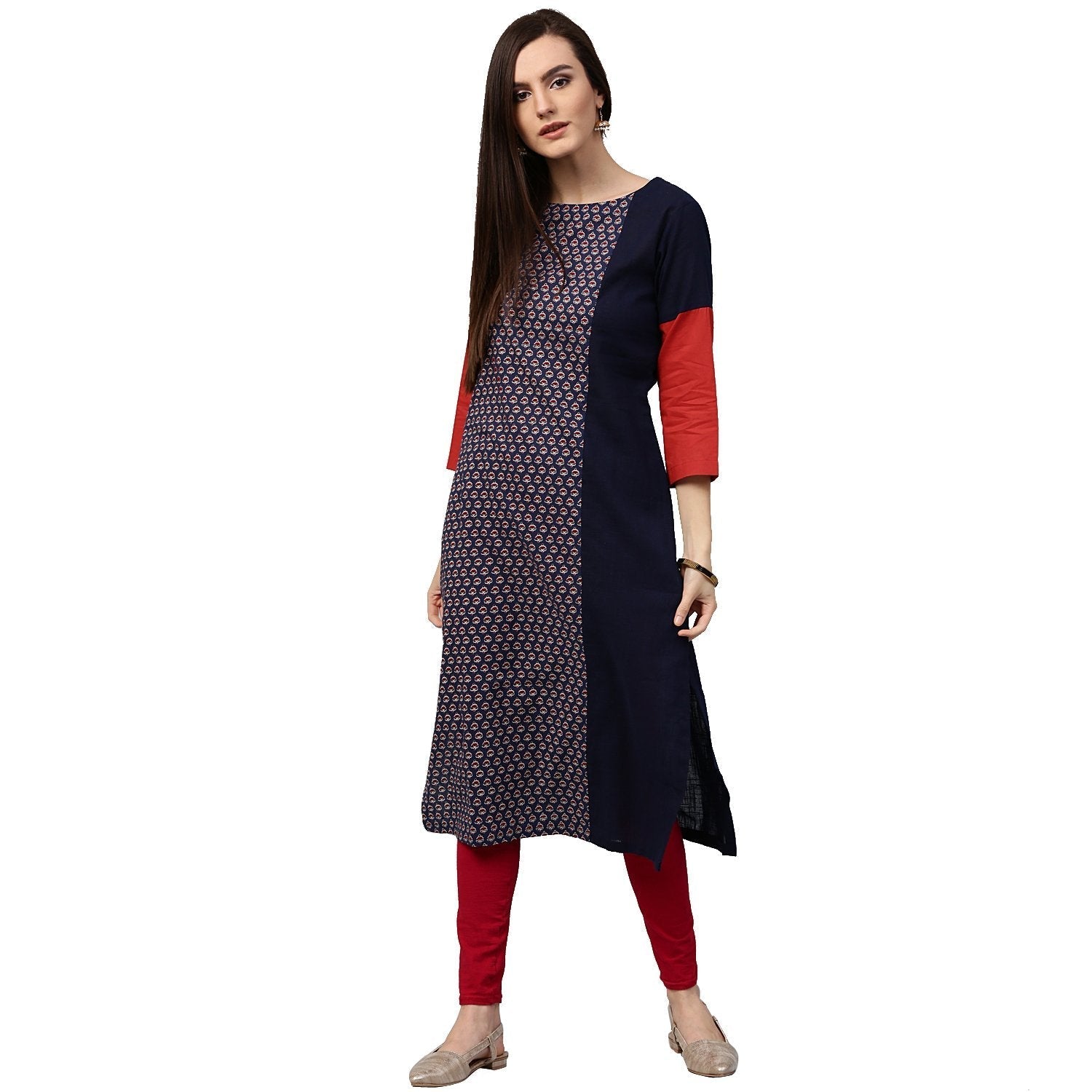 Blue Printed 3/4Th Sleeve Long Cotton Kurta | LASVINI - Redefining Indian Fashion with Elegance