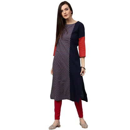 Blue Printed 3/4Th Sleeve Long Cotton Kurta | LASVINI - Redefining Indian Fashion with Elegance