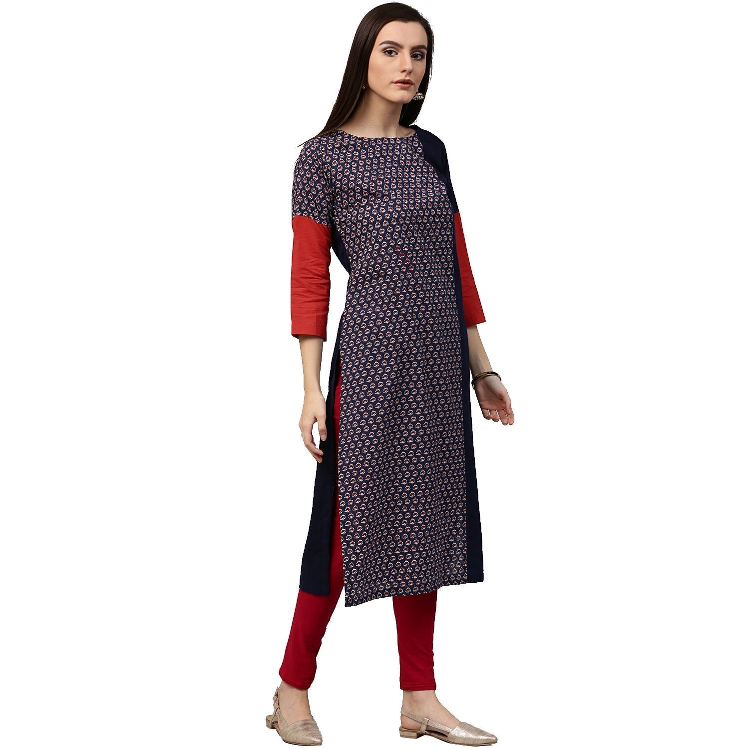 Blue Printed 3/4Th Sleeve Long Cotton Kurta | LASVINI - Redefining Indian Fashion with Elegance