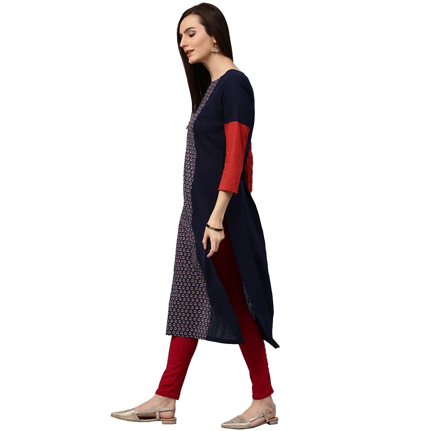 Blue Printed 3/4Th Sleeve Long Cotton Kurta | LASVINI - Redefining Indian Fashion with Elegance