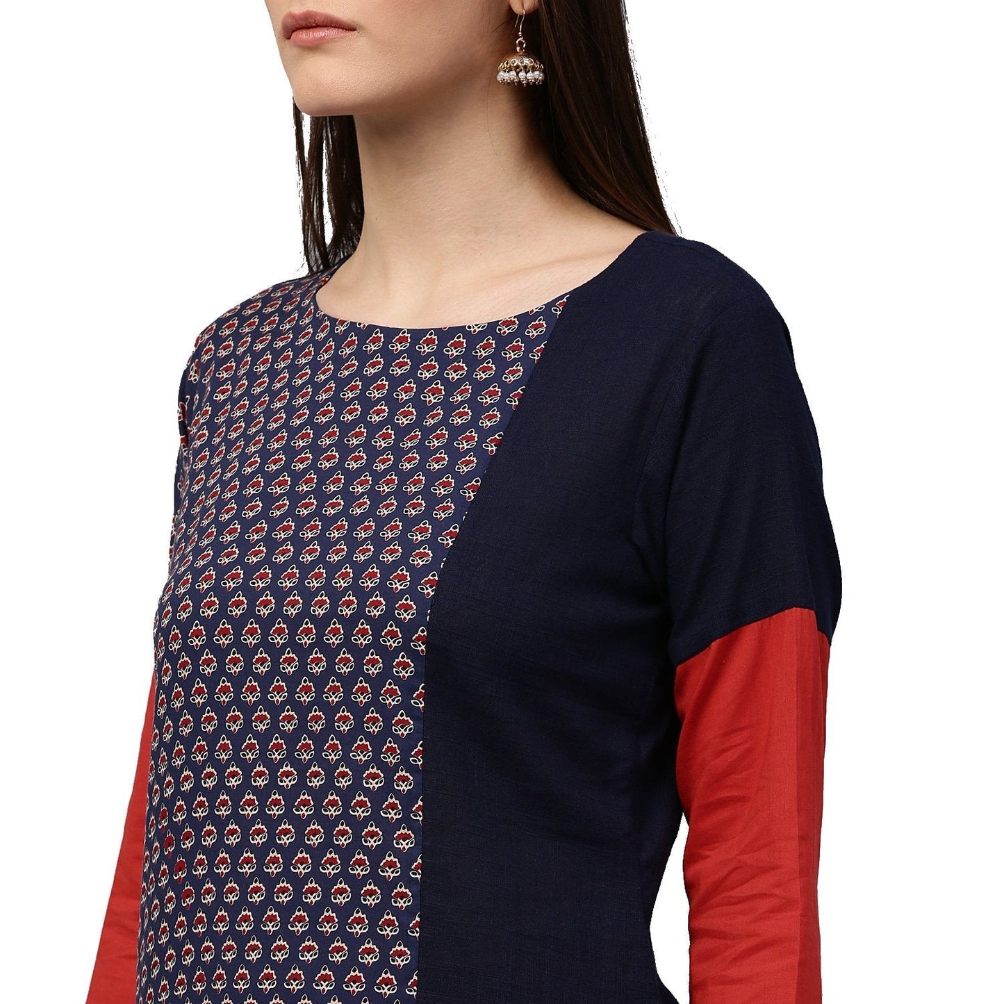 Blue Printed 3/4Th Sleeve Long Cotton Kurta | LASVINI - Redefining Indian Fashion with Elegance
