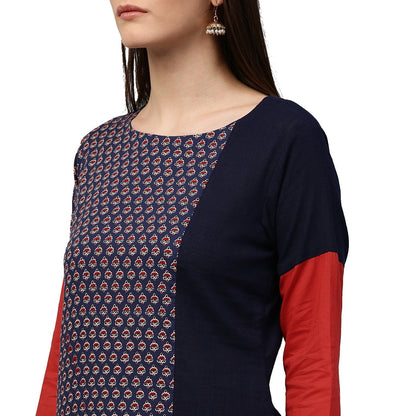Blue Printed 3/4Th Sleeve Long Cotton Kurta | LASVINI - Redefining Indian Fashion with Elegance