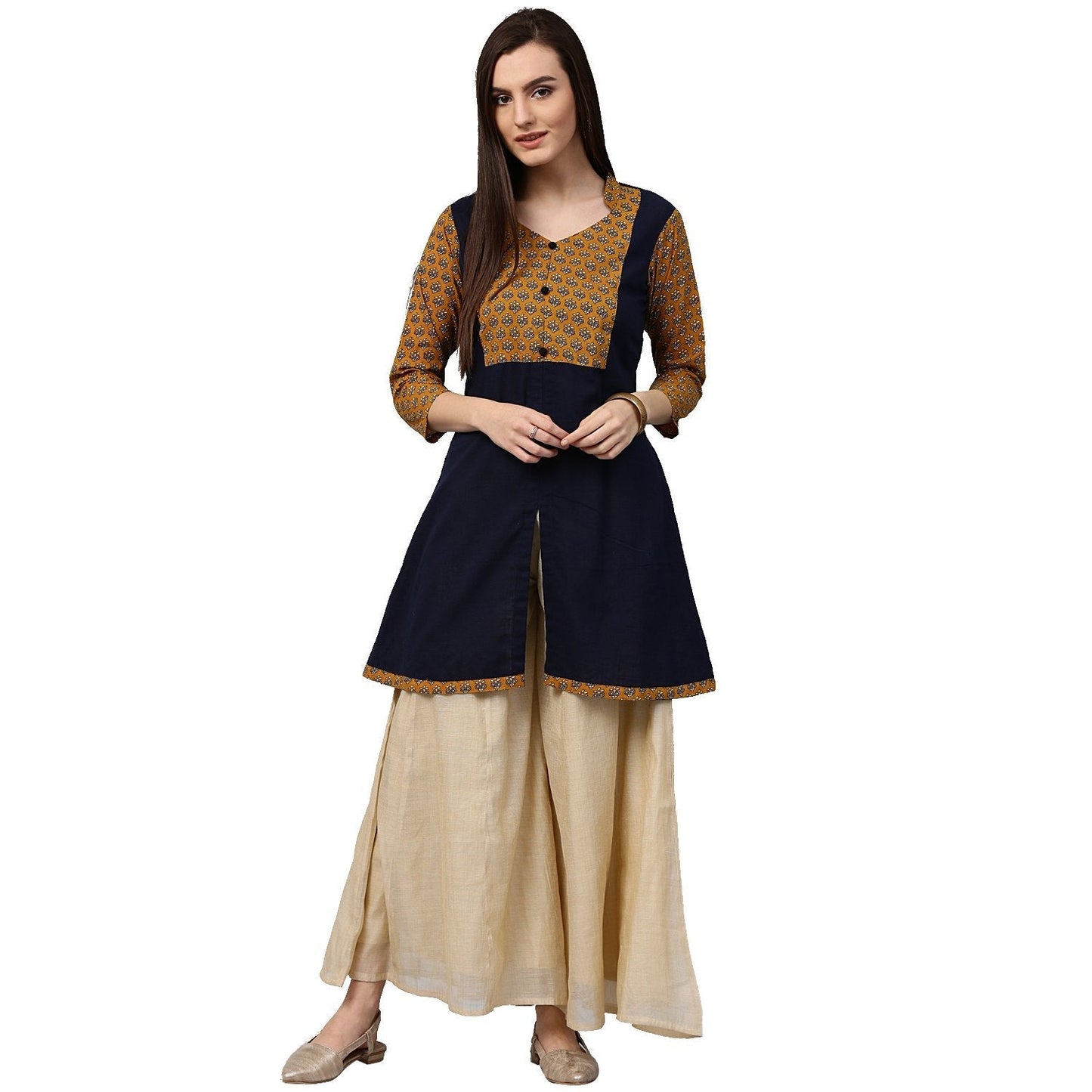 Blue & Yellow Printed 3/4Th Sleeve Cotton Short A-Line Kurta | LASVINI - Redefining Indian Fashion with Elegance