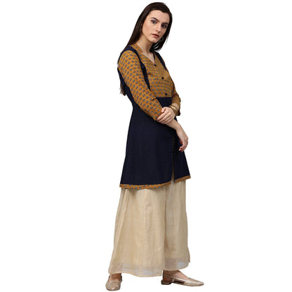 Blue & Yellow Printed 3/4Th Sleeve Cotton Short A-Line Kurta | LASVINI - Redefining Indian Fashion with Elegance