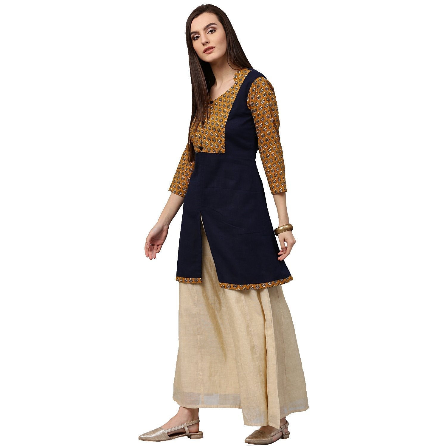 Blue & Yellow Printed 3/4Th Sleeve Cotton Short A-Line Kurta | LASVINI - Redefining Indian Fashion with Elegance