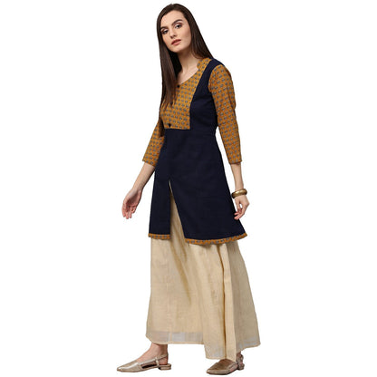 Blue & Yellow Printed 3/4Th Sleeve Cotton Short A-Line Kurta | LASVINI - Redefining Indian Fashion with Elegance