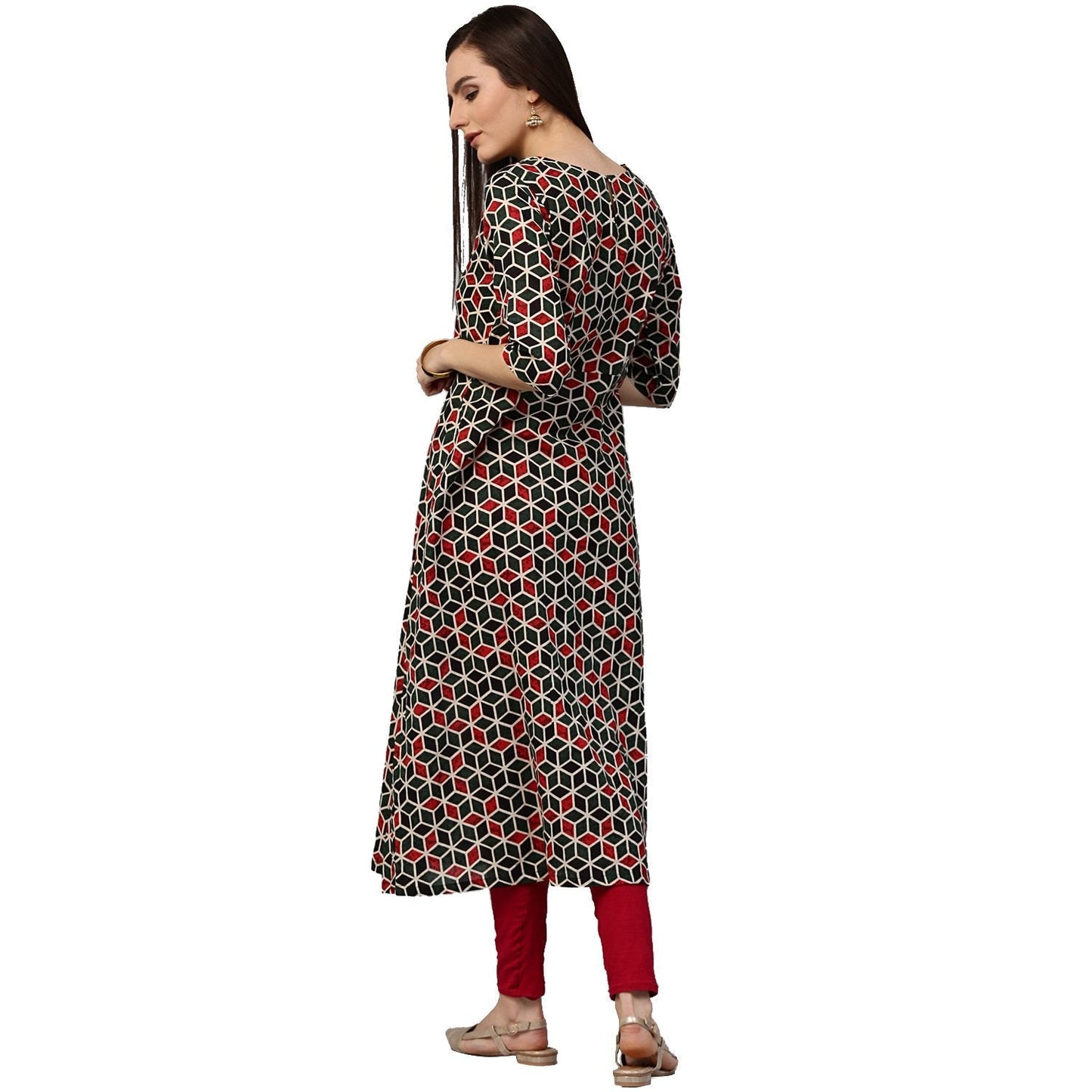 Green Printed 3/4Th Sleeve Cotton A-Line Kurta | LASVINI - Redefining Indian Fashion with Elegance