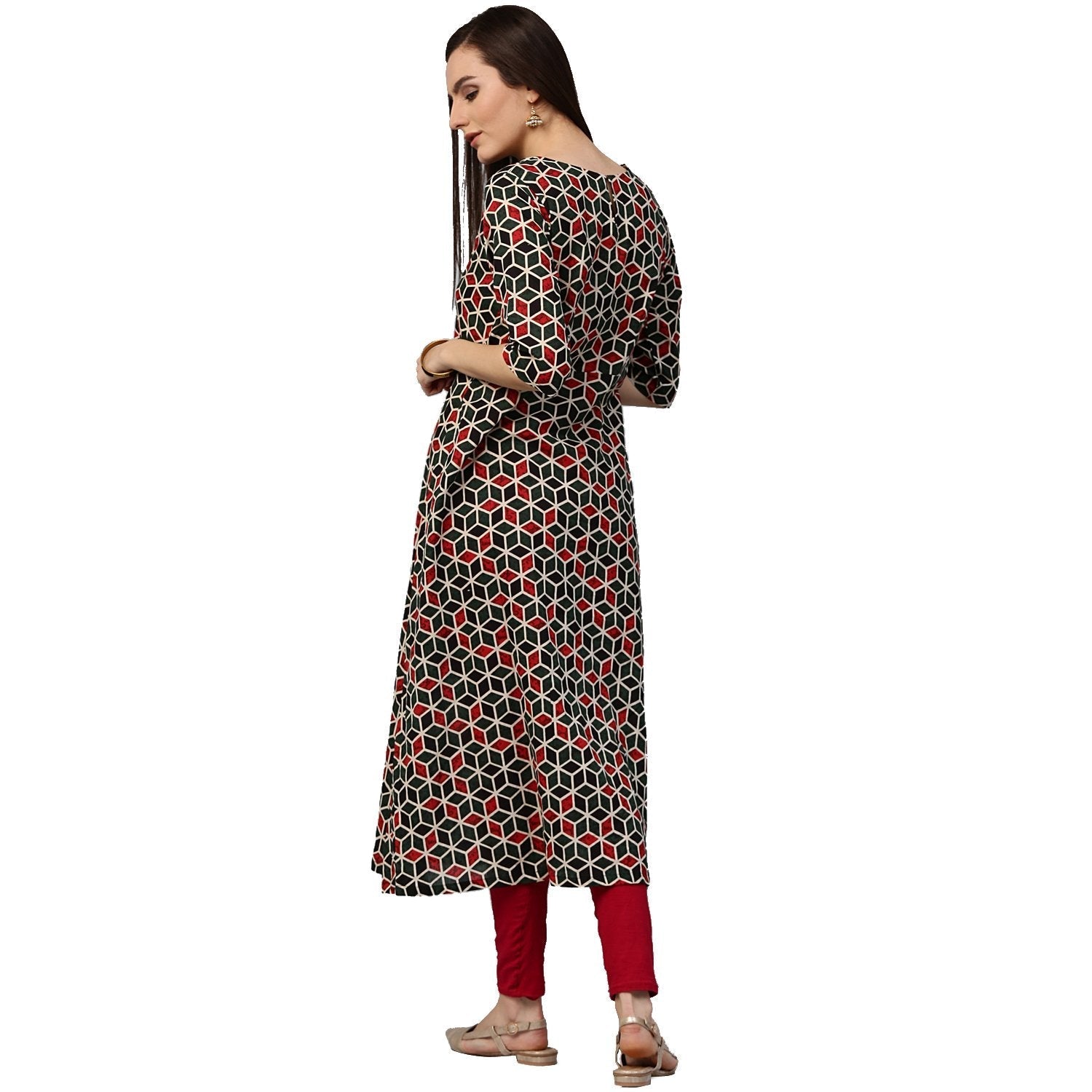 Green Printed 3/4Th Sleeve Cotton A-Line Kurta | LASVINI - Redefining Indian Fashion with Elegance