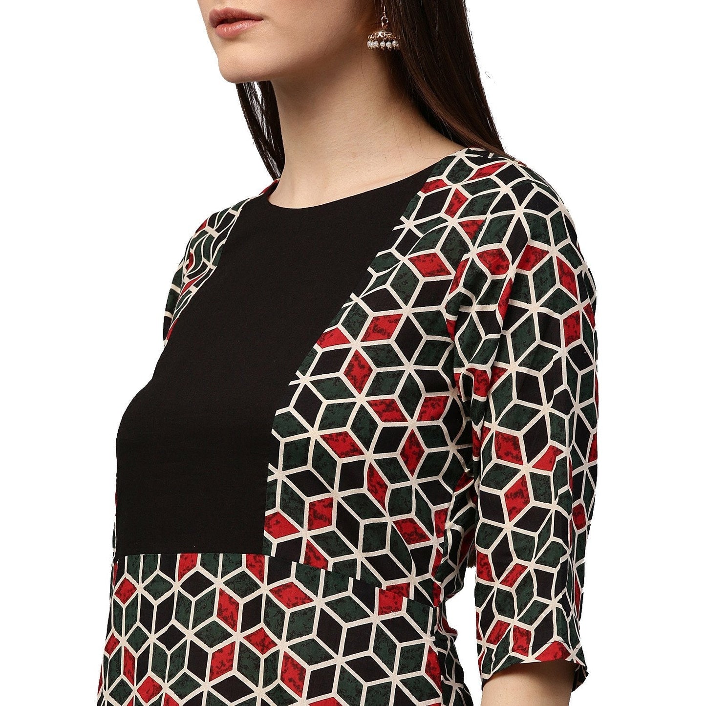 Green Printed 3/4Th Sleeve Cotton A-Line Kurta | LASVINI - Redefining Indian Fashion with Elegance