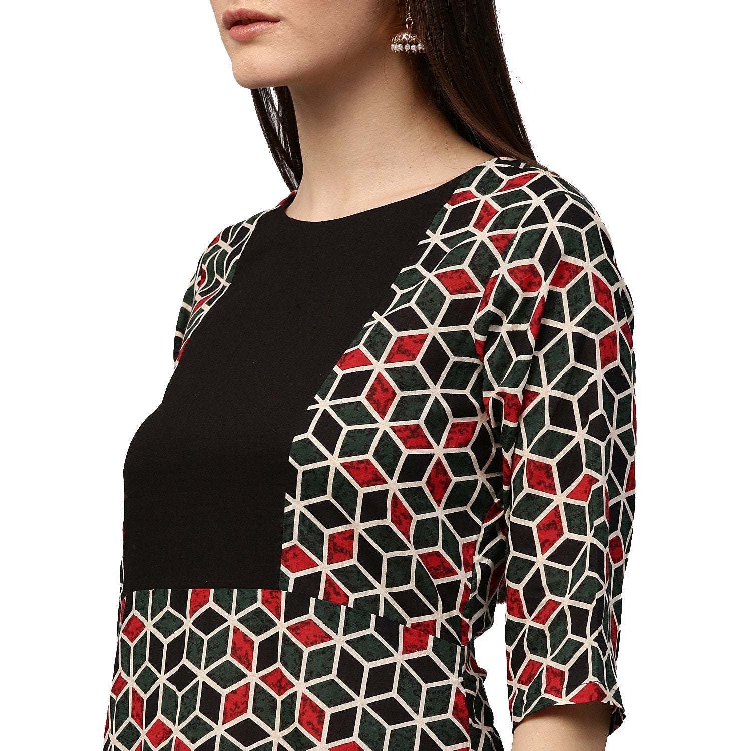 Green Printed 3/4Th Sleeve Cotton A-Line Kurta | LASVINI - Redefining Indian Fashion with Elegance