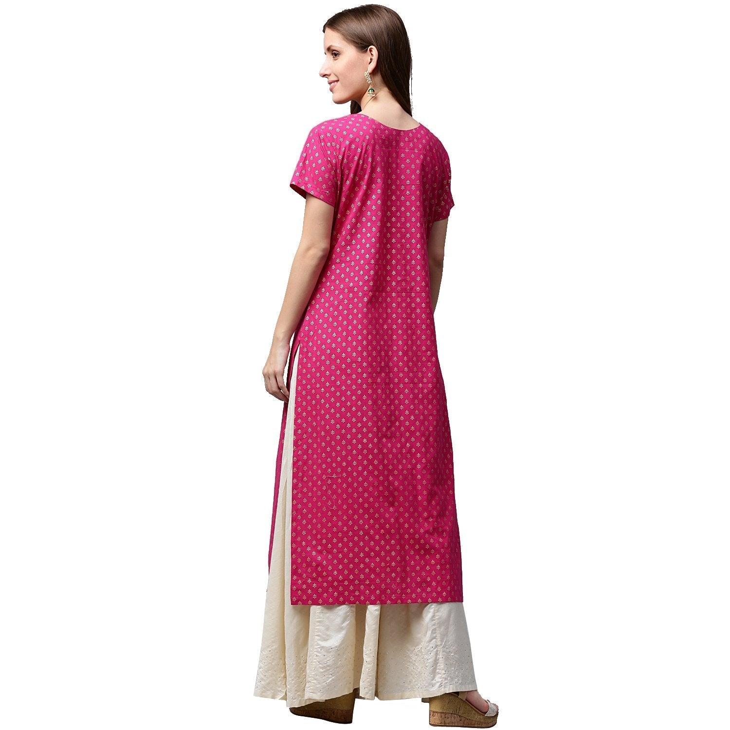 Pink & Green Printed Short Sleeve Cotton A-Line Kurta | LASVINI - Redefining Indian Fashion with Elegance